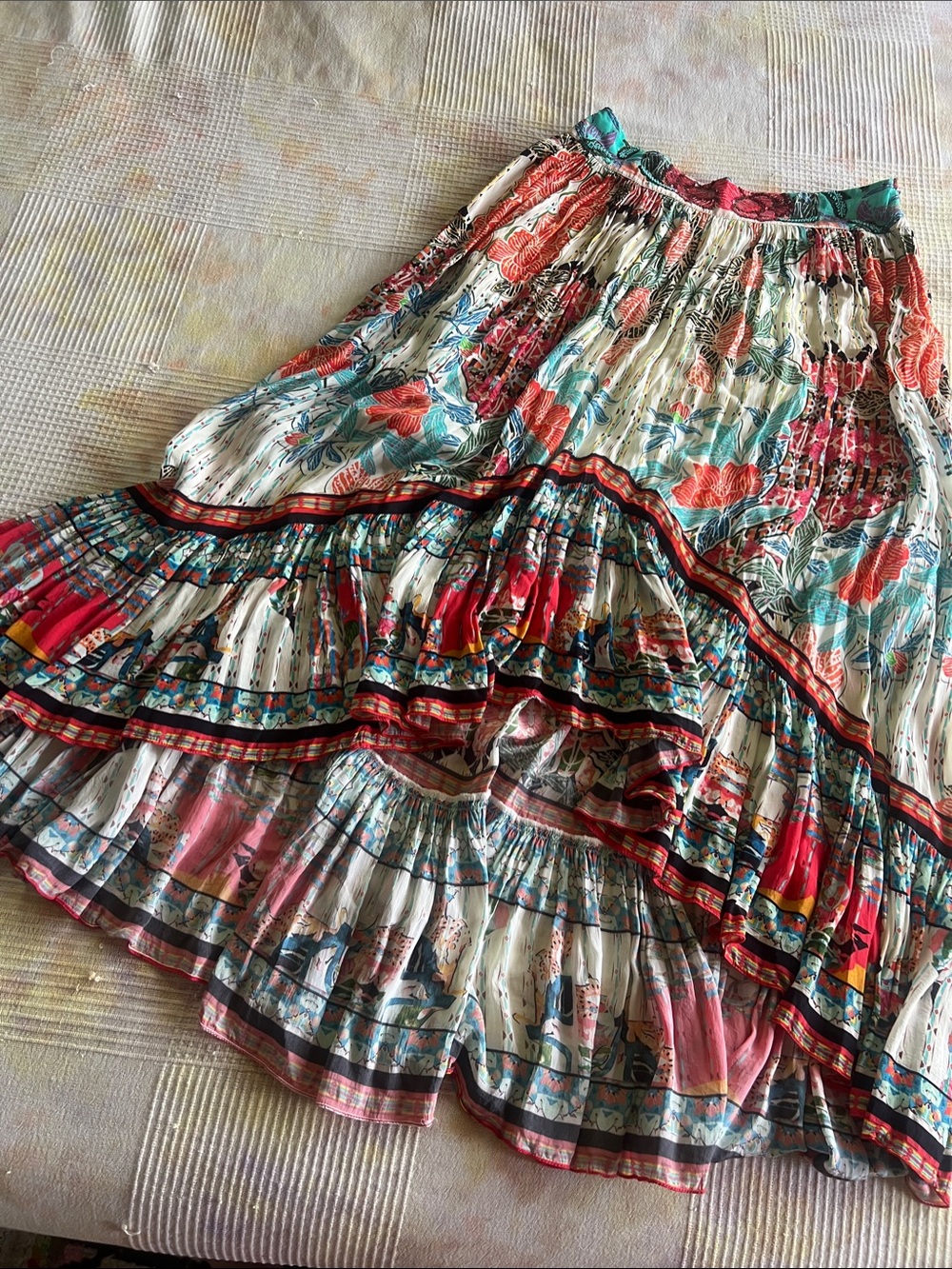 Island Bohemian High/Low Maxi Skirt in off White, Coral Red & Turquoise